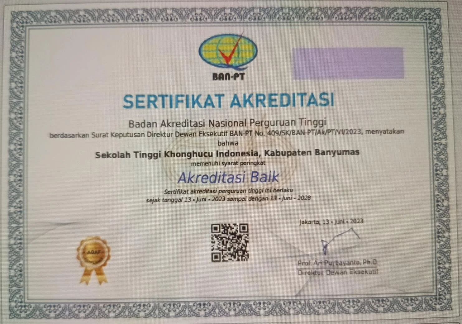 Sertifikat Akreditasi Prodi Pendidikan Agama Khonghucu